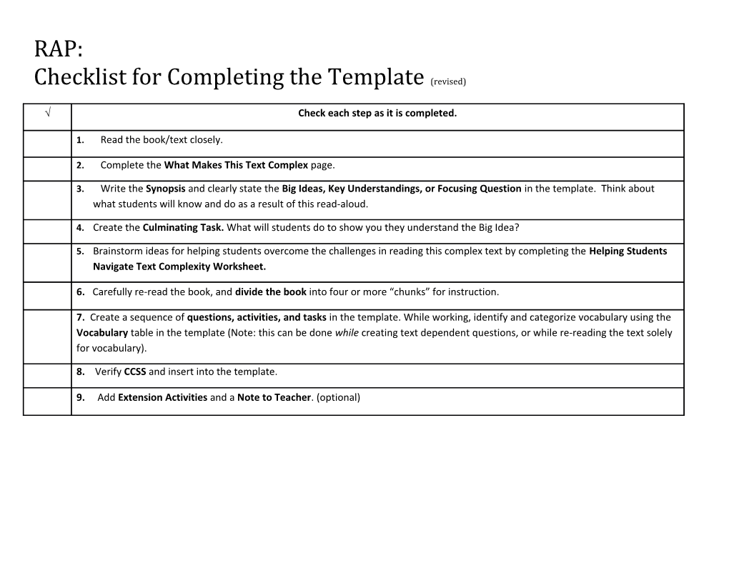 Checklist for Completing the Template (Revised)