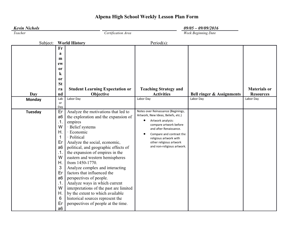 Fountain Lake High School Weekly Lesson Plan Form