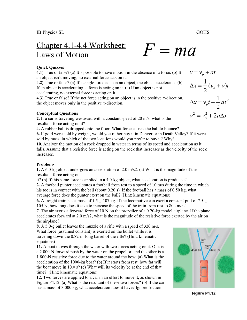 Chapter 4.1-4.4 Worksheet: Laws of Motion