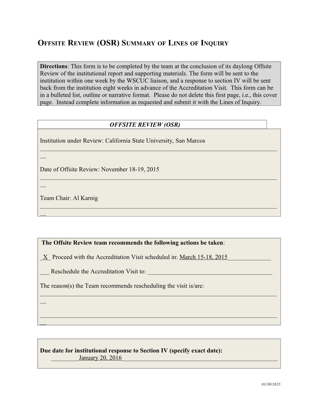 Offsite Review (OSR) Summary of Lines of Inquiry