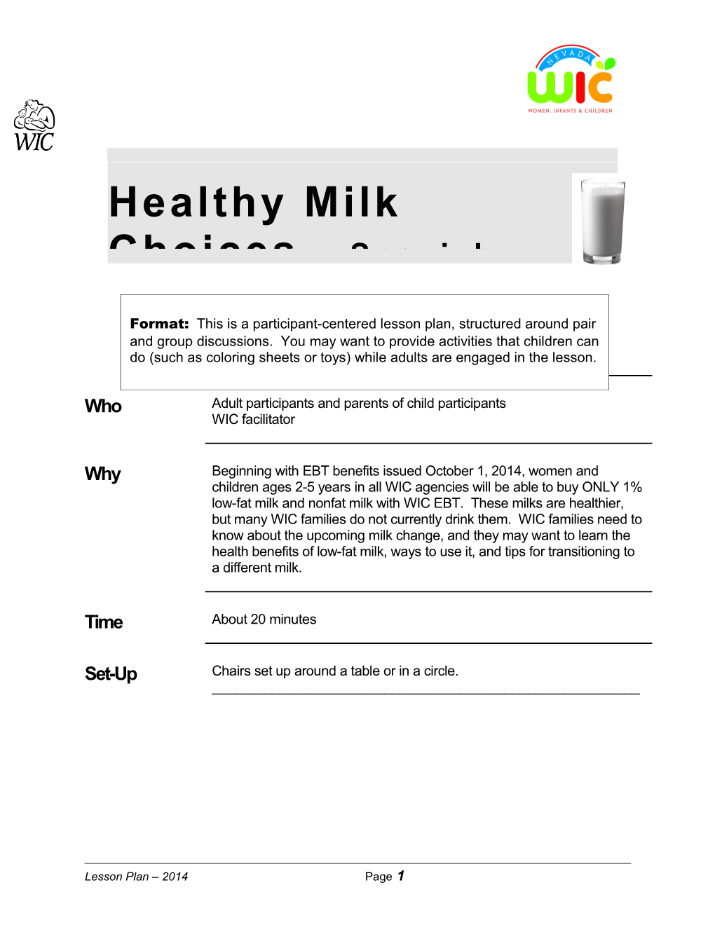 Healthy Milk Choices Lesson Plan -Spanish