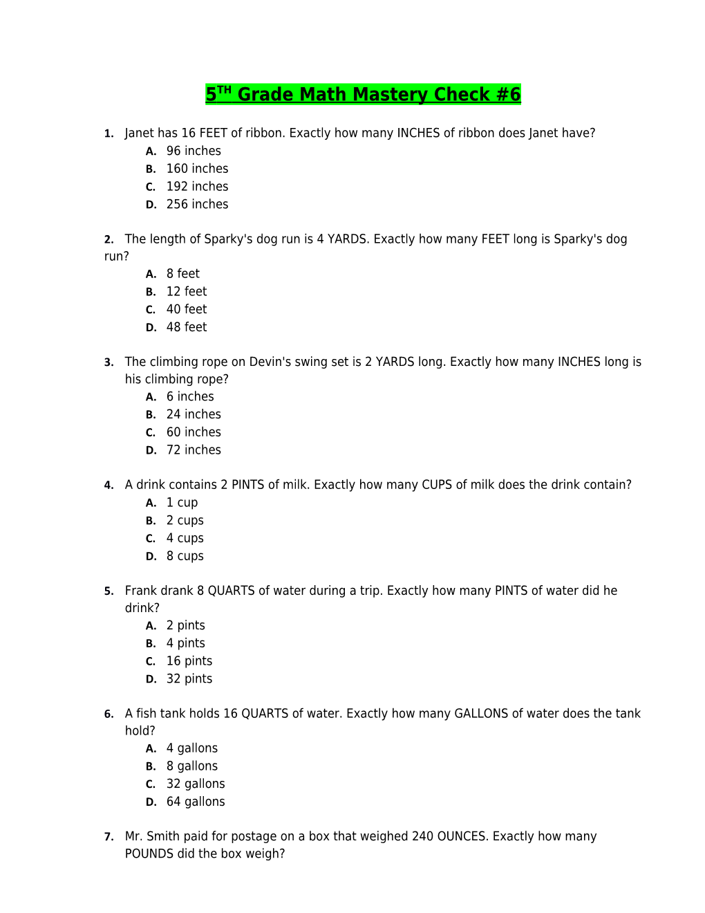 5TH Grade Math Mastery Check #6