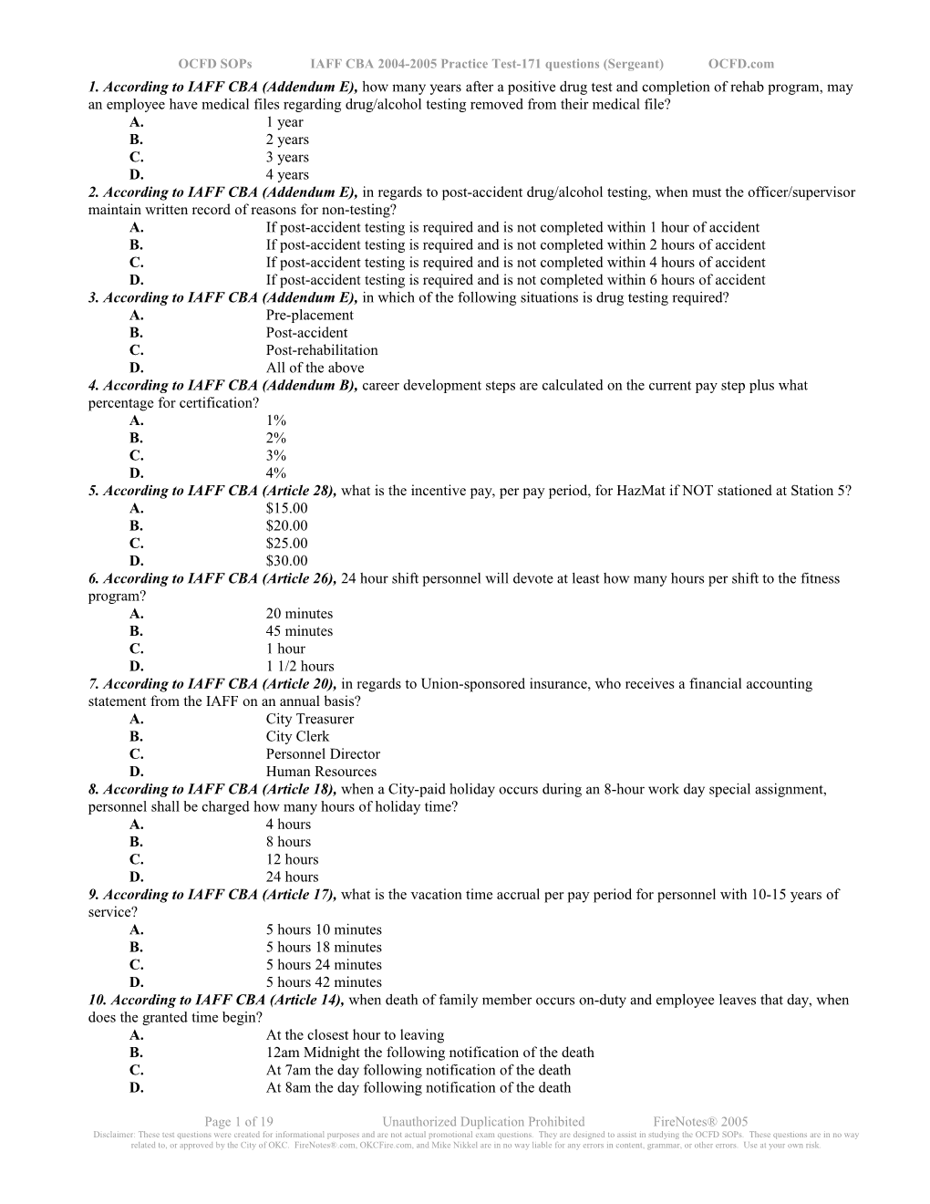 OCFD Sops IAFF CBA 2004-2005 Practice Test-171 Questions (Sergeant) OCFD.Com