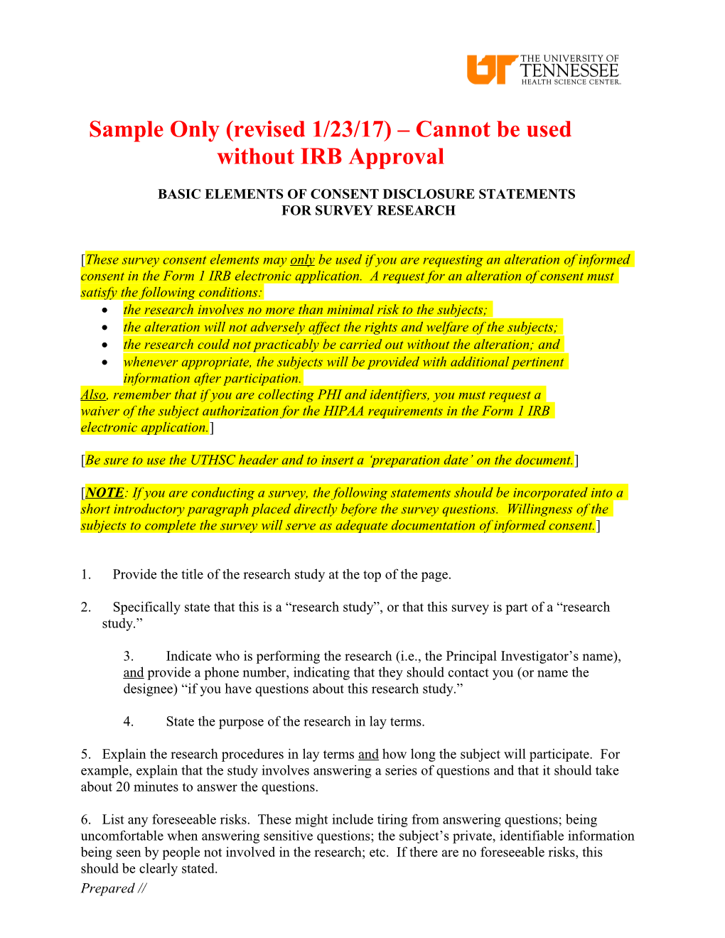 Sample Only (Revised 1/23/17) Cannot Be Used Without IRB Approval