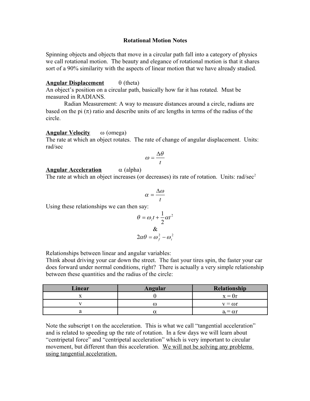 Rotational Motion Notes