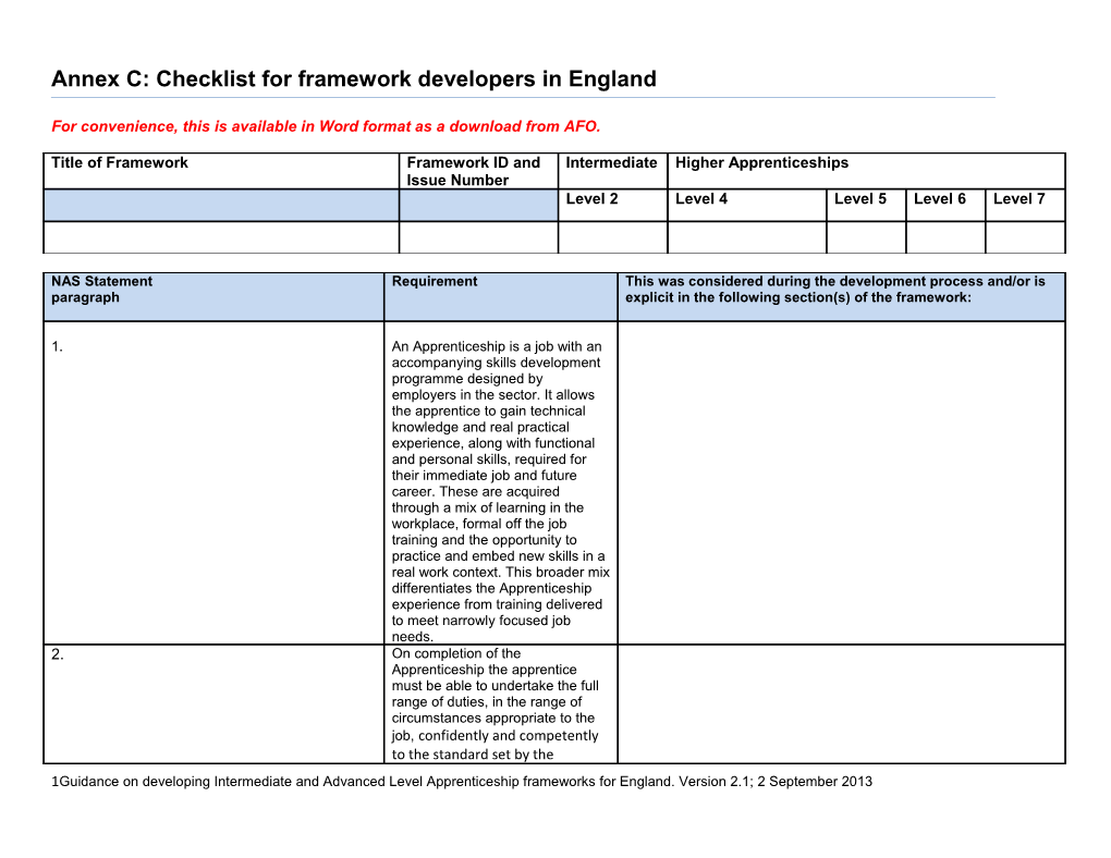 Annex C: Checklist for Framework Developers in England