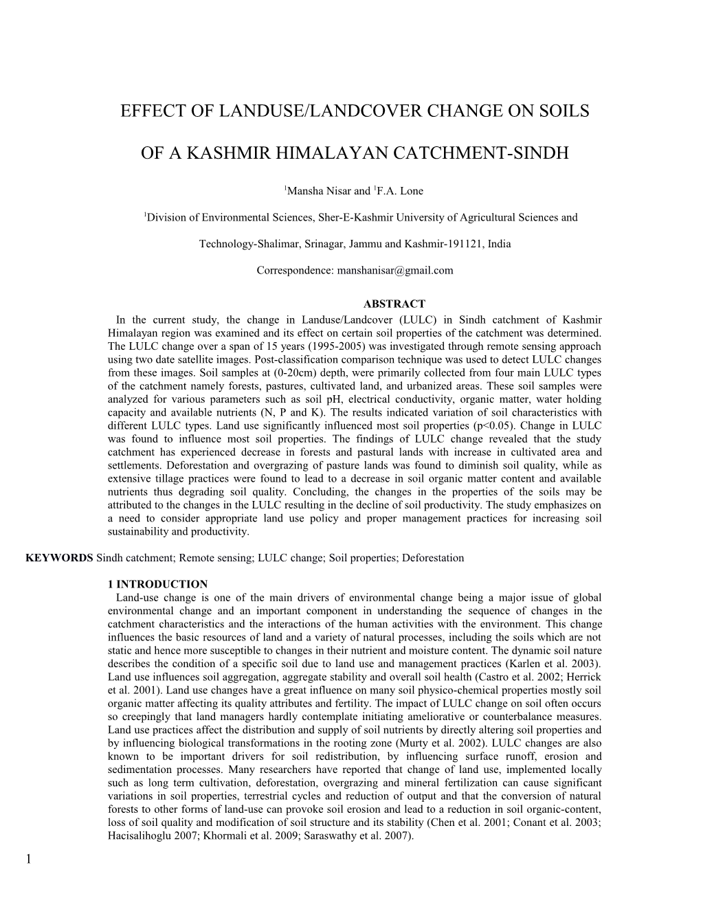 Effect of Landuse/Landcover Change on Soils of a Kashmir Himalayan Catchment-Sindh