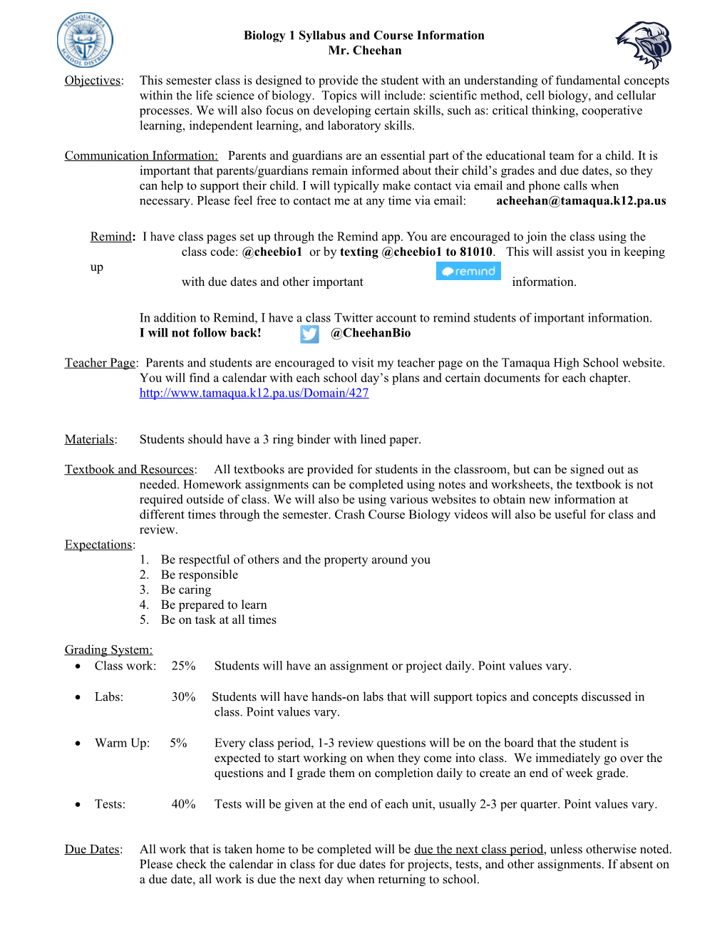 Biology 1 Syllabus and Course Information