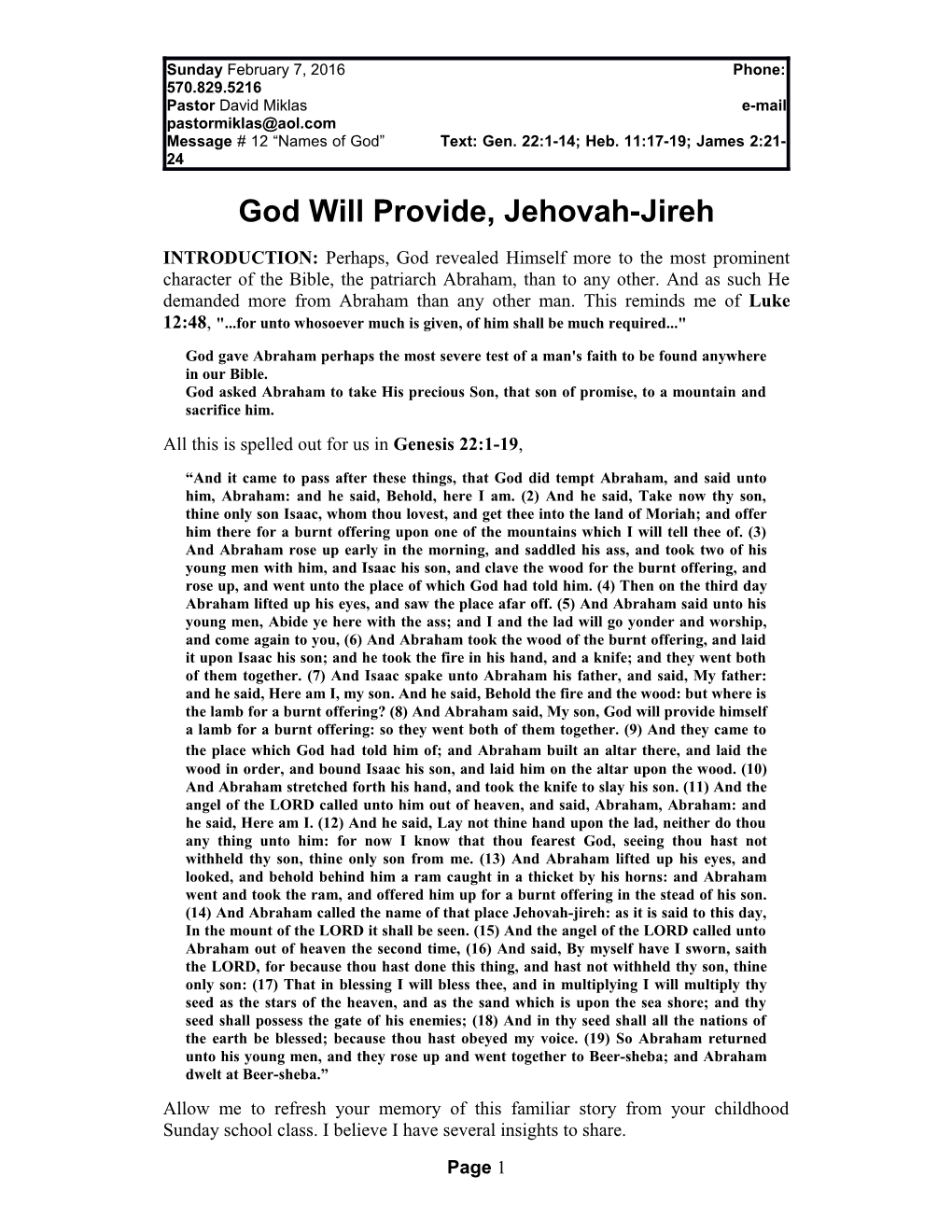 God Will Provide, Jehovah Jirah