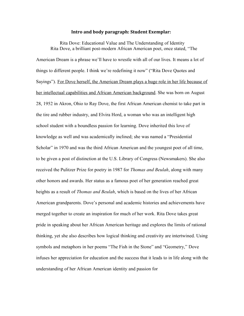 Intro and Body Paragraph: Student Exemplar