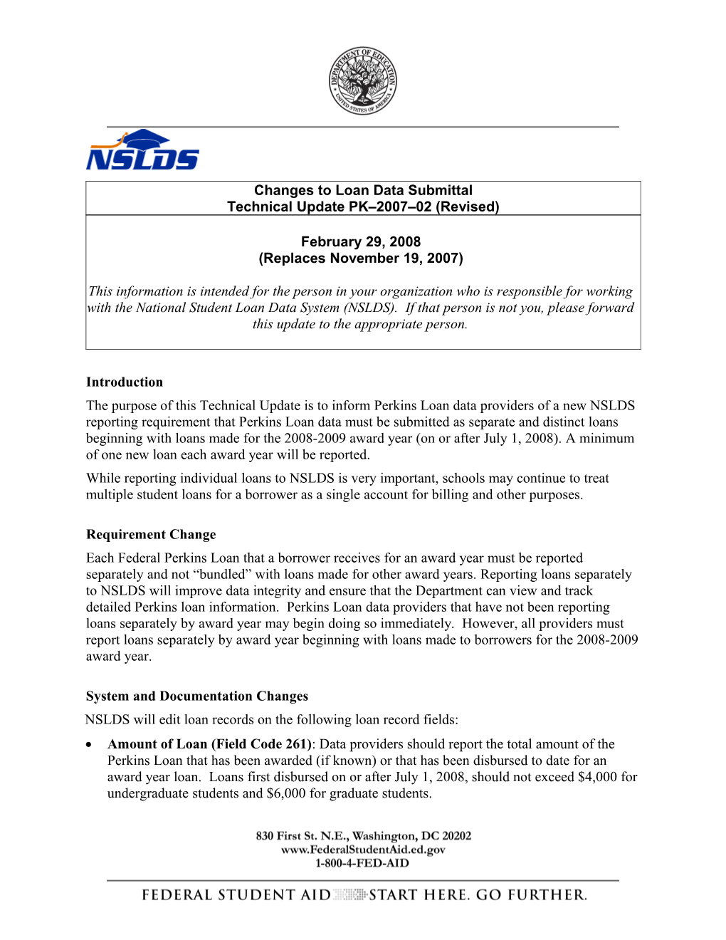 Changes to Loan Data Submittal