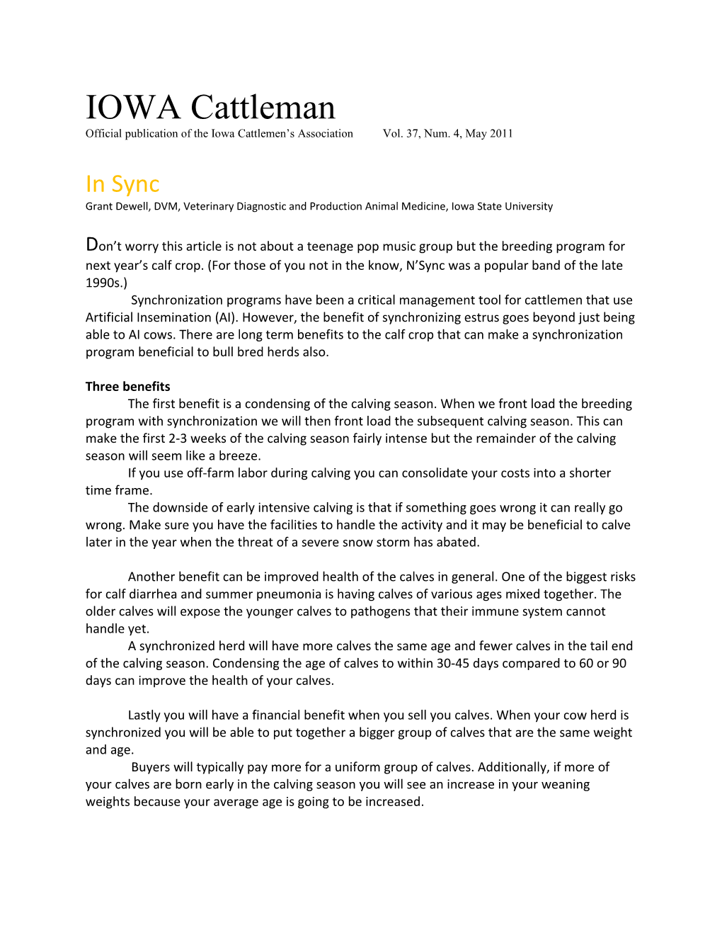 Official Publication of the Iowa Cattlemen S Association Vol. 37, Num. 4, May 2011