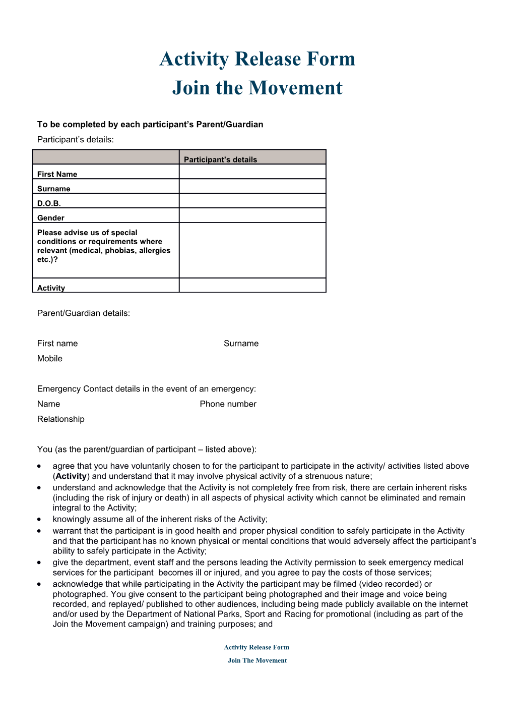 To Be Completed by Each Participant S Parent/Guardian