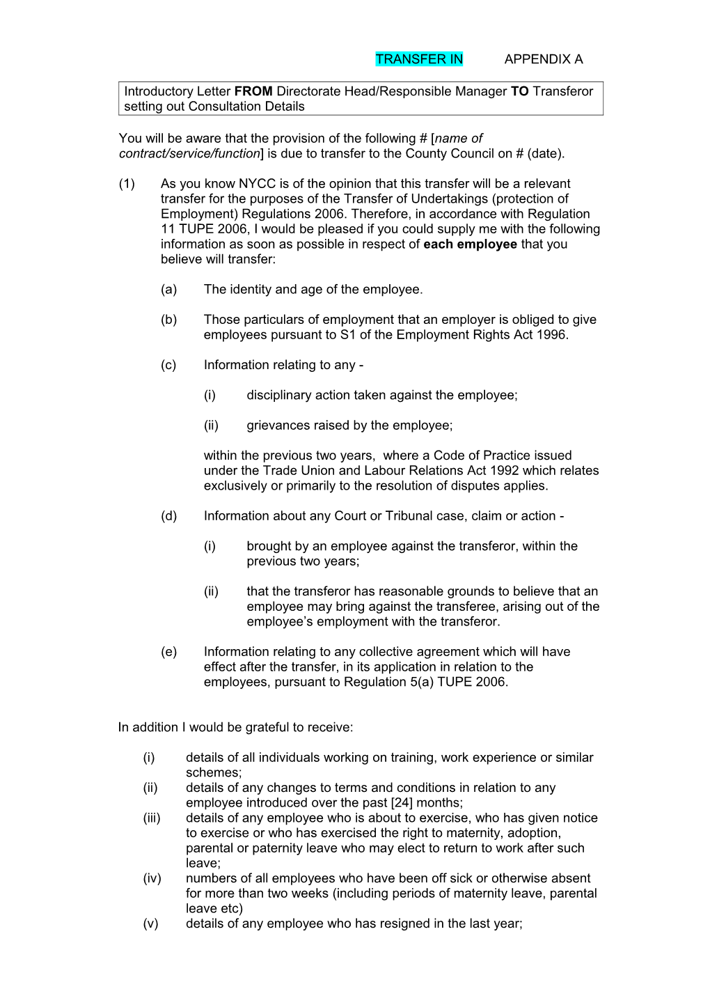 App a TUPE Letter to Transferor Organisation (Transfer IN)