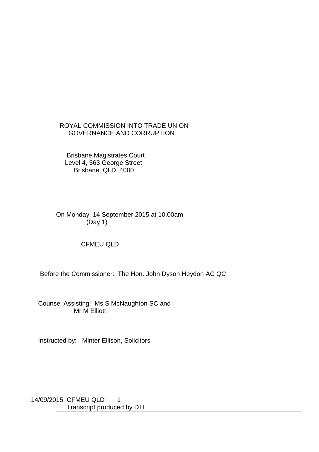 Royal Commission Into Trade Union Governance and Corruption Transcript 14 September 2015