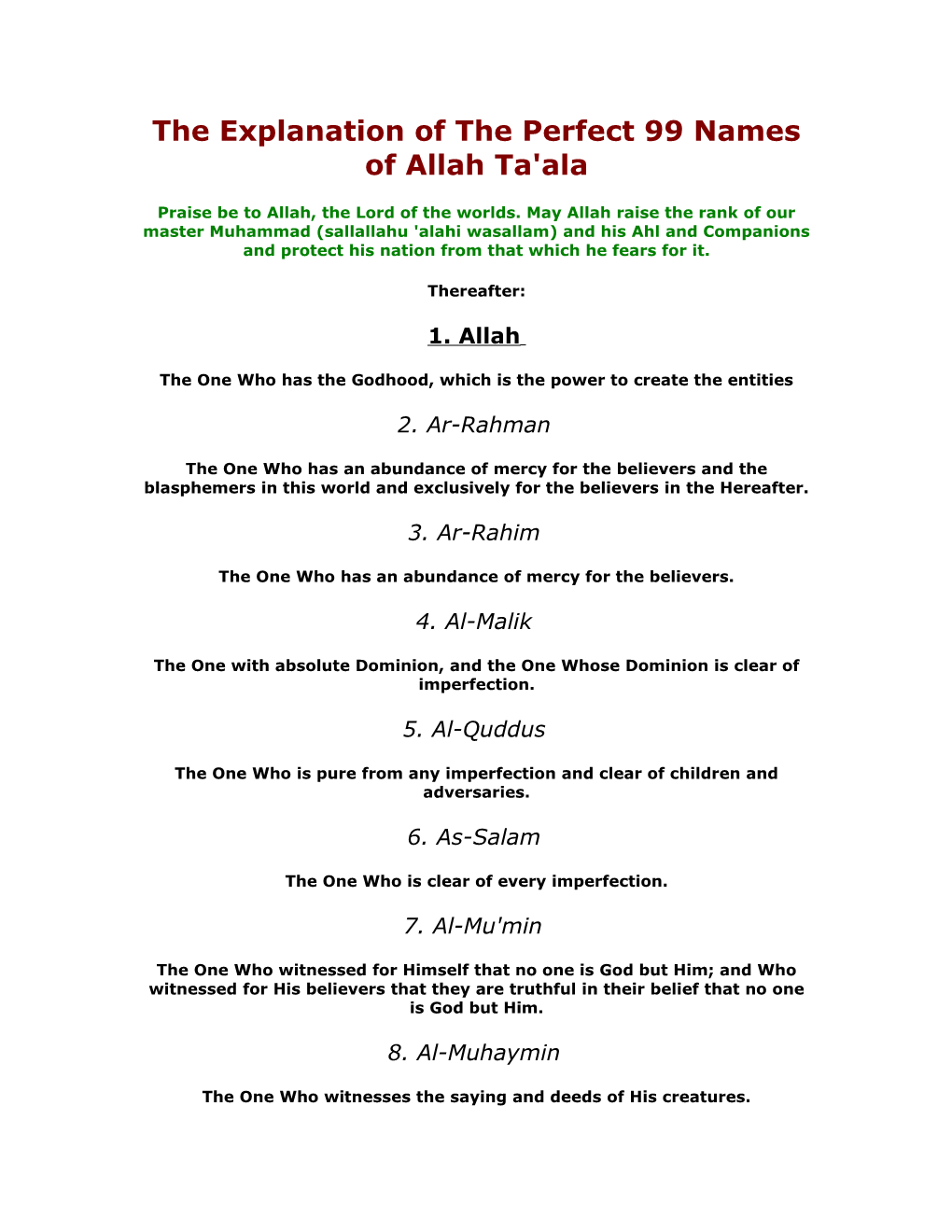 The Explanation of the Perfect 99 Names of Allah Ta'ala