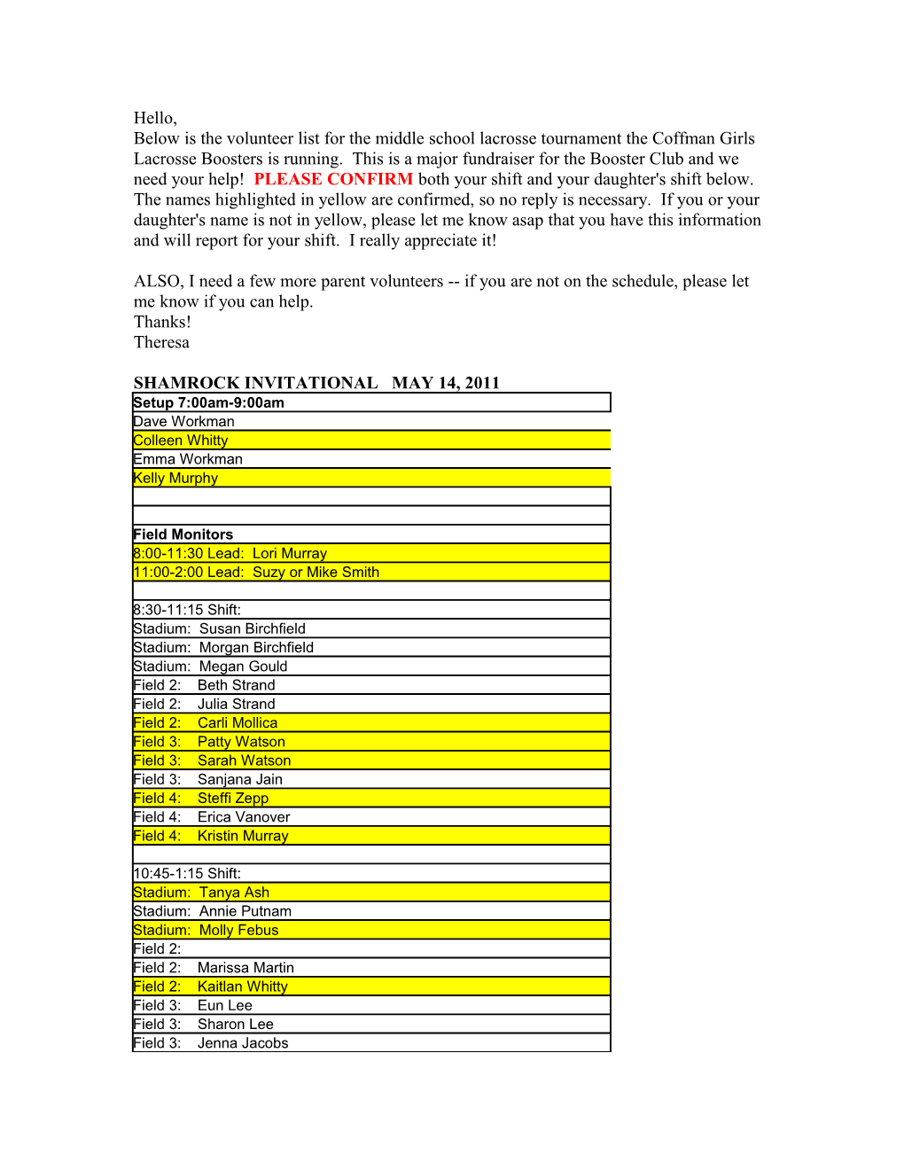 Below Is the Volunteer List for the Middle School Lacrosse Tournament the Coffman Girls