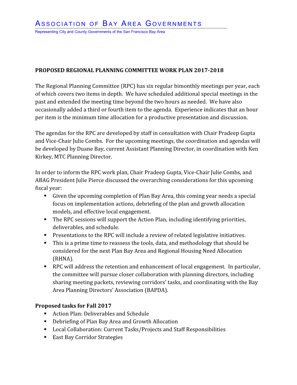 Proposed Regional Planning Committee Work Plan 2017-2018