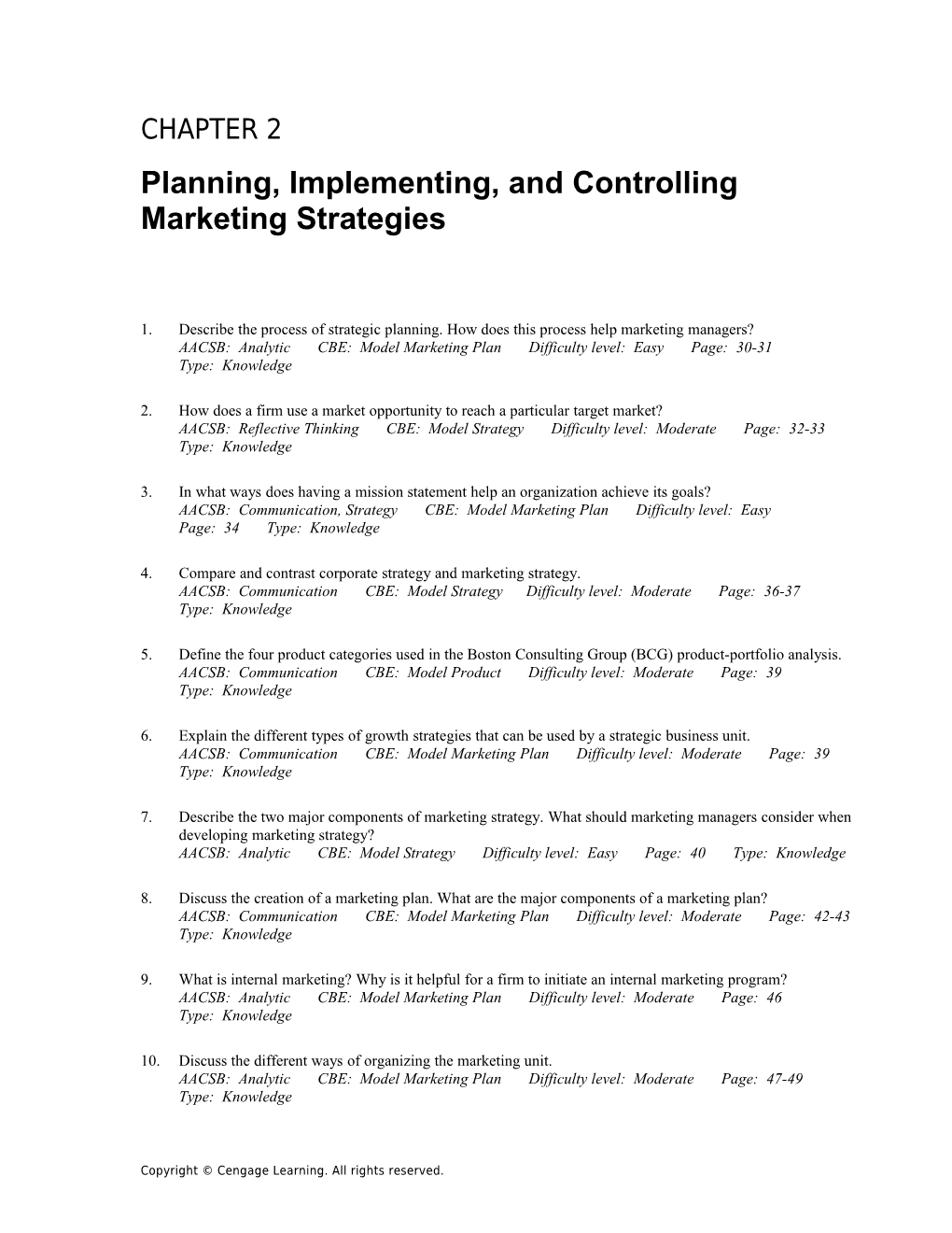 Chapter 2: Planning, Implementing, and Controlling Marketing Strategies 1