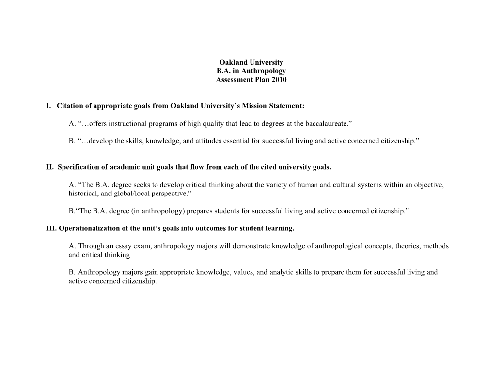 I. Citation of Appropriate Goals from Oaklanduniversity S Mission Statement