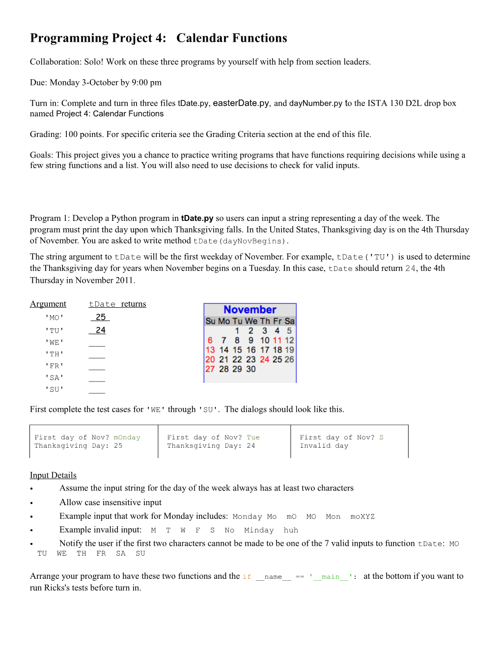 Programming Project 4: Calendar Functions