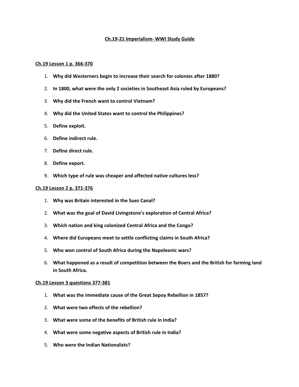 Ch.19-21 Imperialism- WWI Study Guide