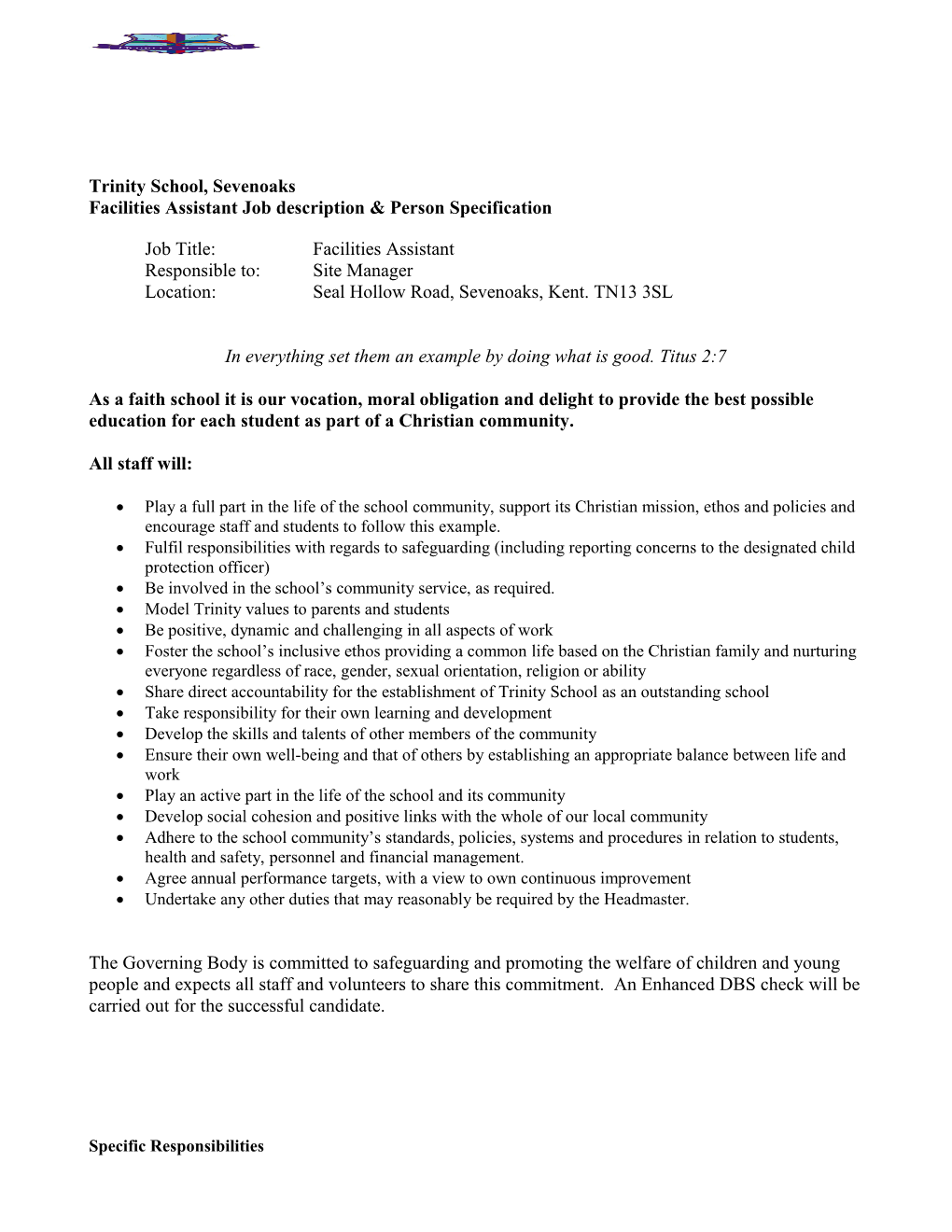Facilities Assistant Job Description Person Specification