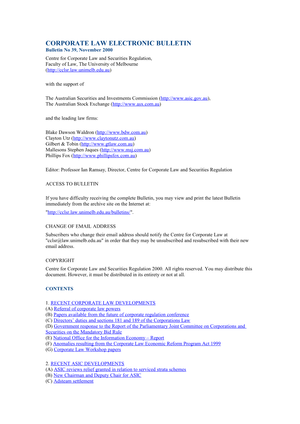 CORPORATE LAW ELECTRONIC BULLETIN Bulletin No 39, November 2000