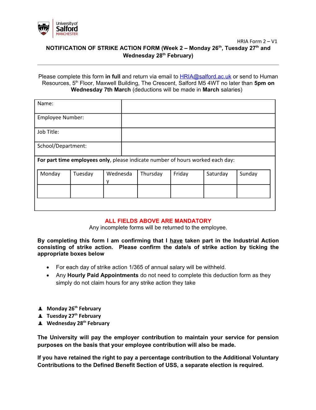 NOTIFICATION of STRIKE ACTION FORM (Week 2 Monday 26Th, Tuesday 27Th and Wednesday28thfebruary)