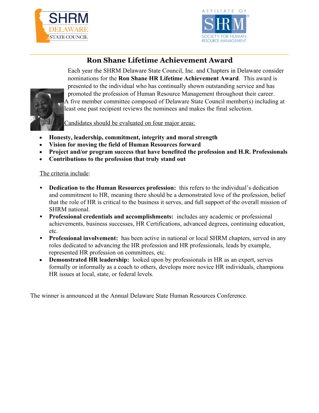 Ron Shane Lifetime Achievement Award