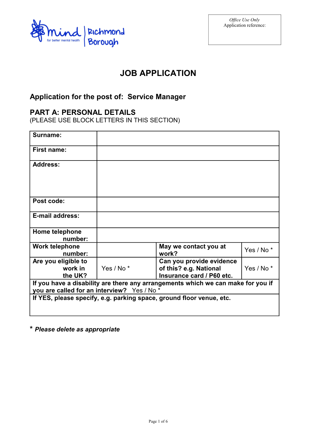 Application for the Post Of: Service Manager