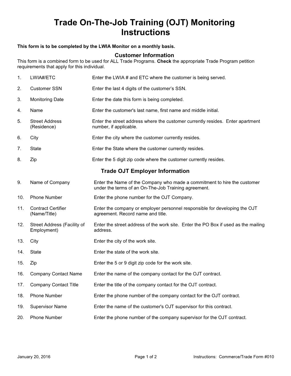 Form #010 Trade On-The-Job Training OJT Monitoring Instructions (MS Word) 1-06-12