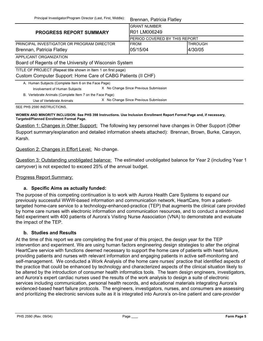 PHS 2590 (Rev. 9/04), Progress Report Summary, Form Page 5