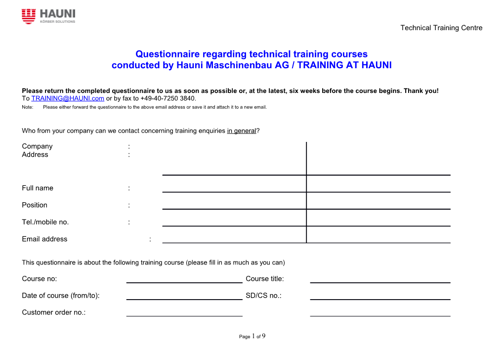 Questionnaire Regarding Technical Training Courses