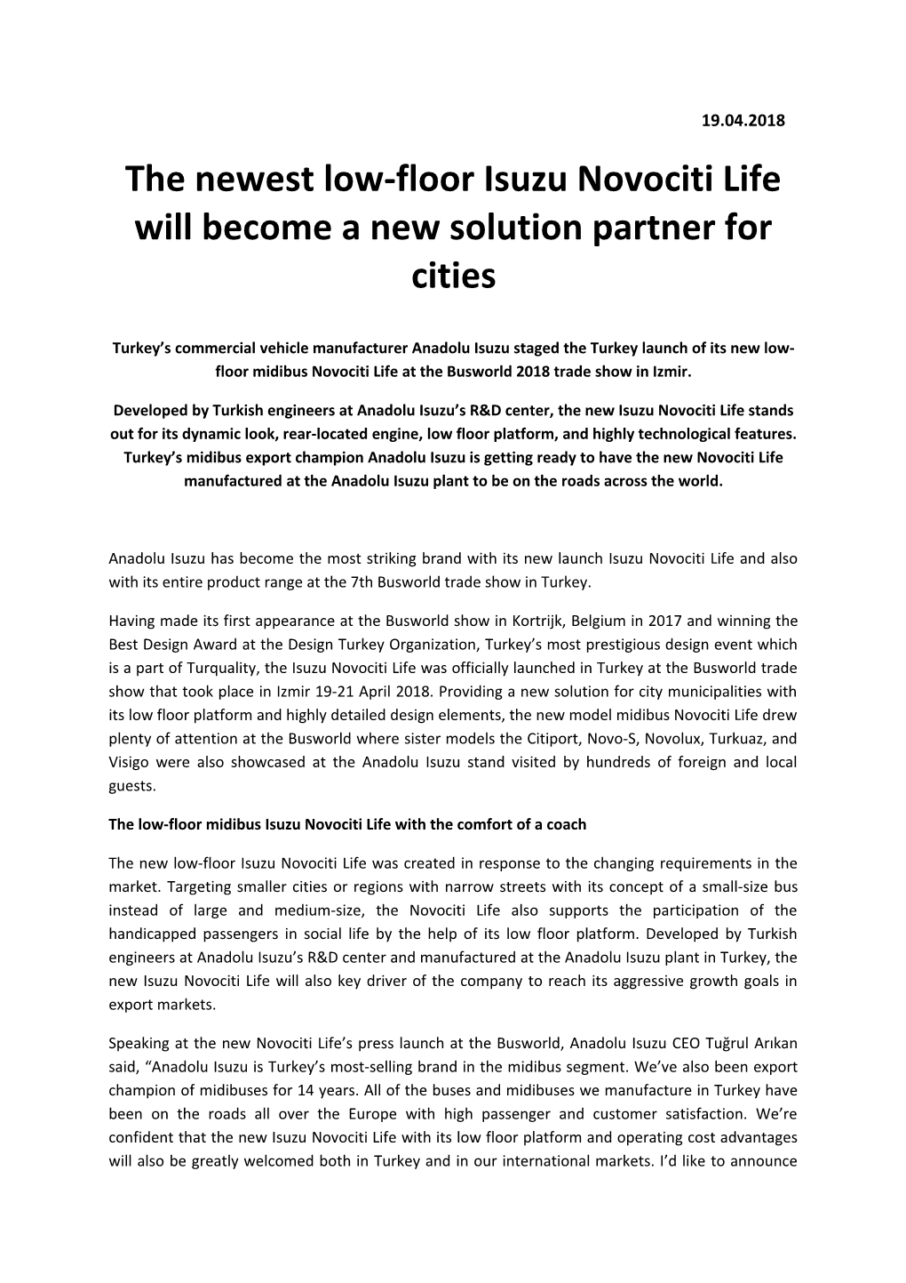 The Newestlow-Floor Isuzu Novociti Life Will Becomea New Solution Partner for Cities