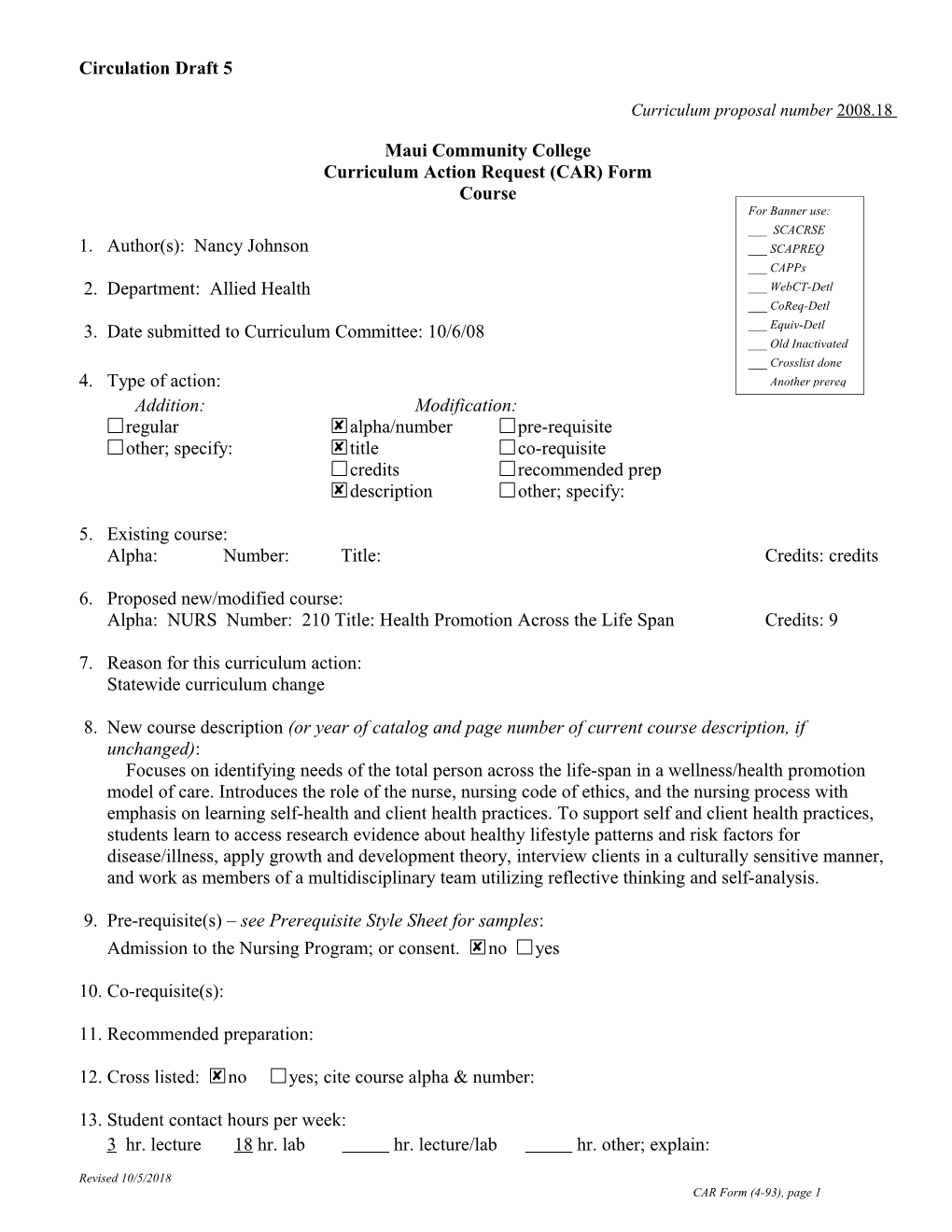 Curriculum Proposal Number 2008