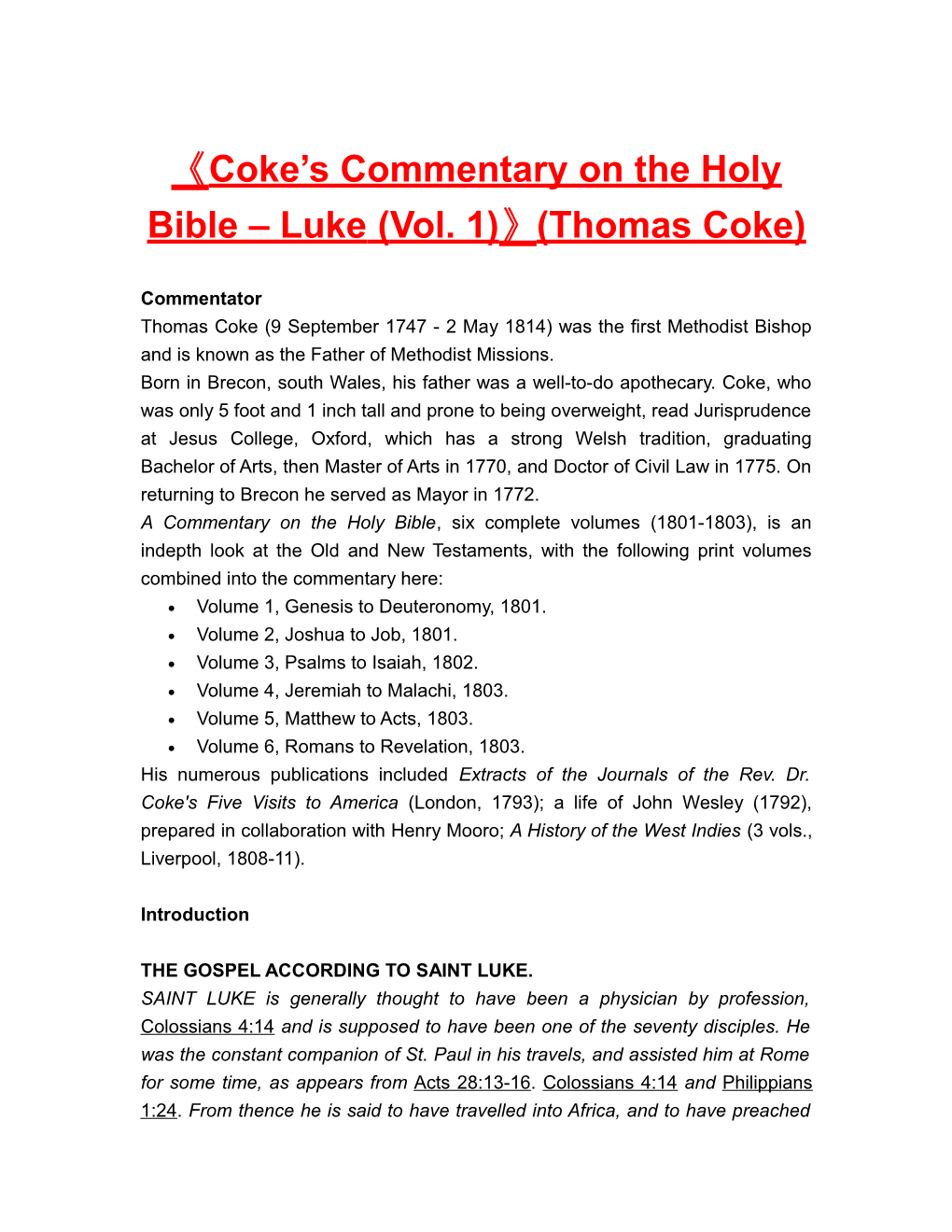 Coke S Commentary on the Holy Bible Luke (Vol. 1) (Thomas Coke)