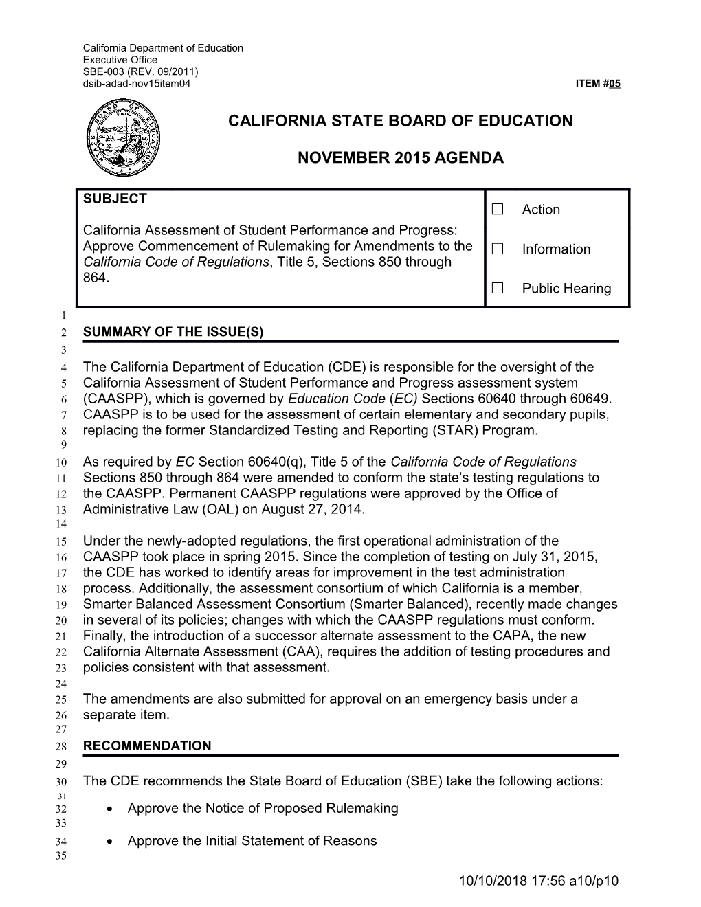 November 2015 Agenda Item 05 Revised - Meeting Agendas (CA State Board of Education)