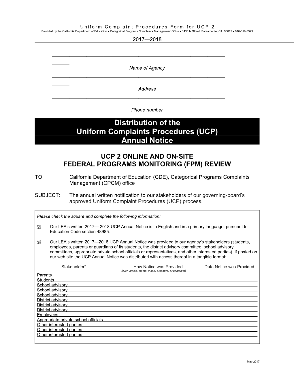 Distribution of the UCP Annual Notice - Uniform Complaint Procedures (CA Dept of Education)