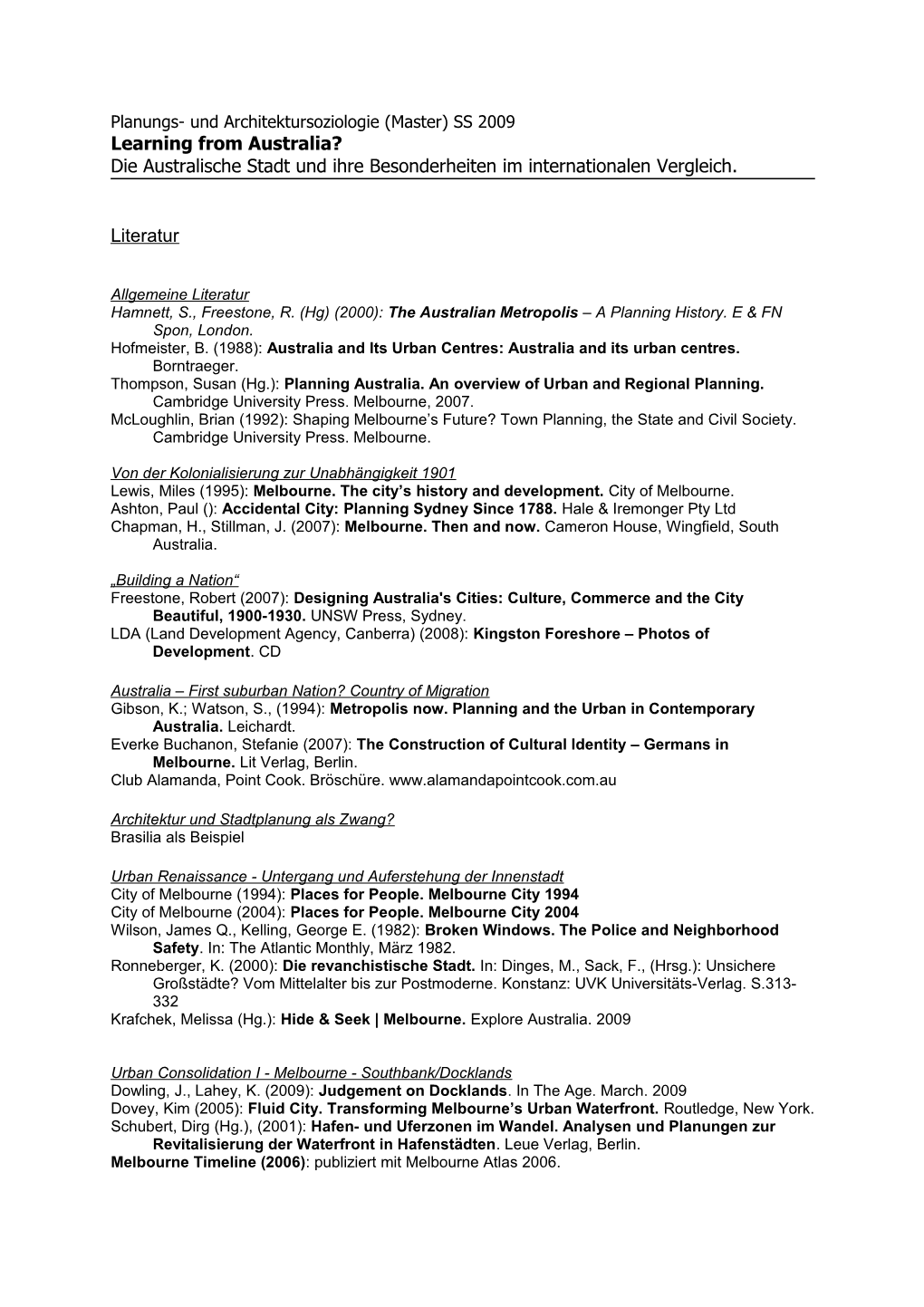 Planungs- Und Architektursoziologie (Master) SS 2009