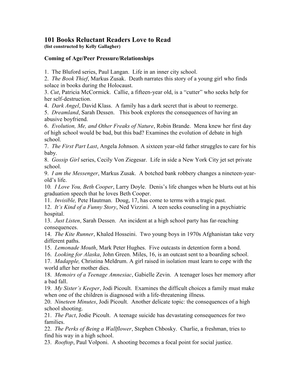 101 Books Reluctant Readers Love to Read (List Constructed by Kelly Gallagher)