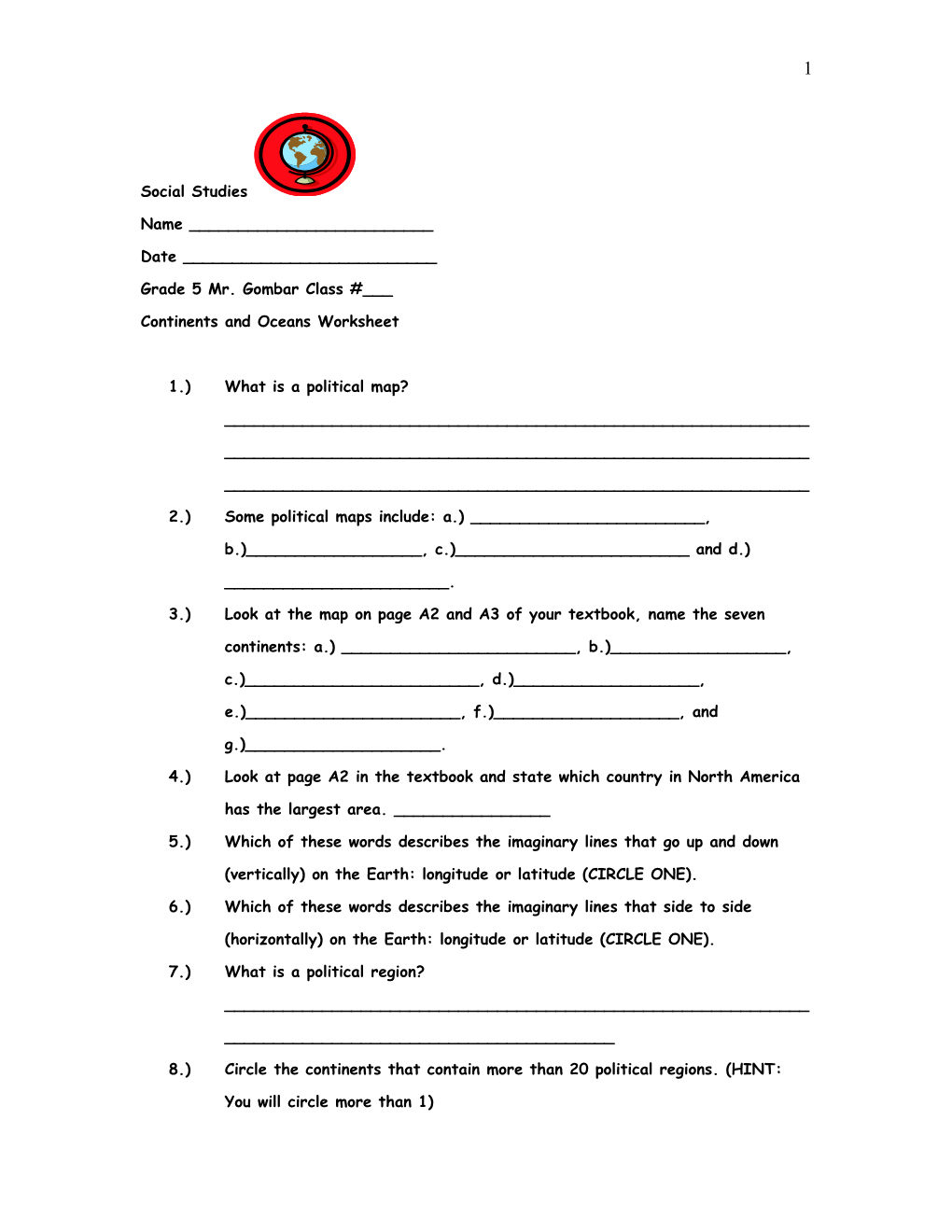 Continents and Oceans Worksheet