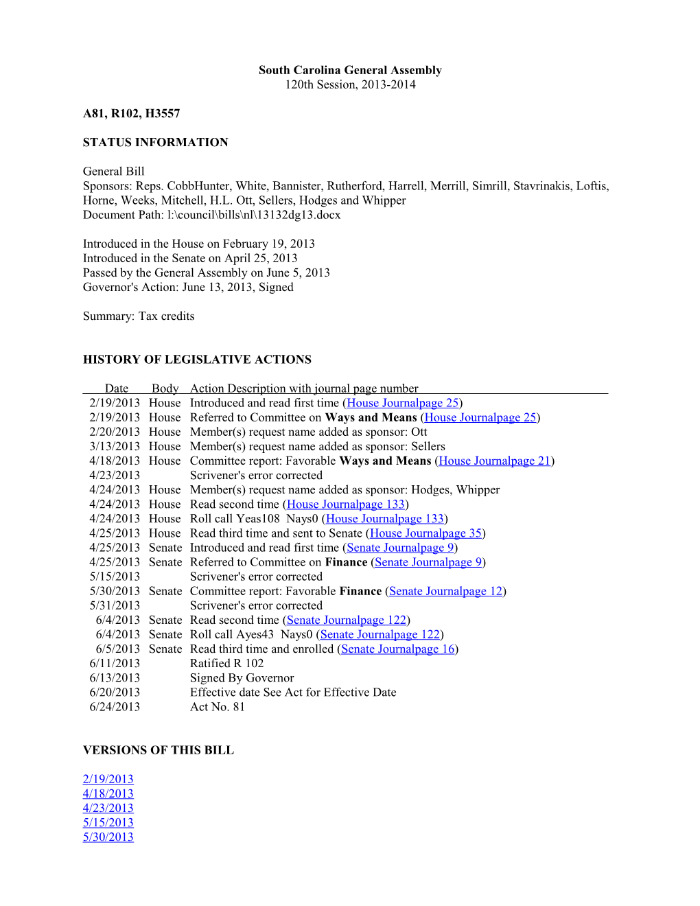 2013-2014 Bill 3557: Tax Credits - South Carolina Legislature Online