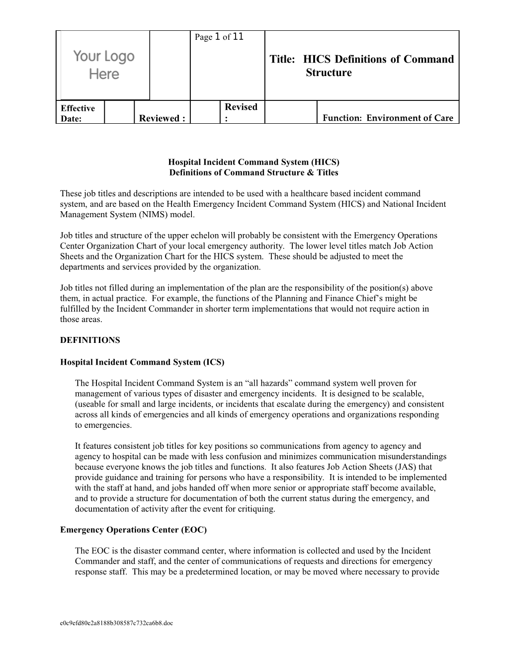 Hospital Incident Command System