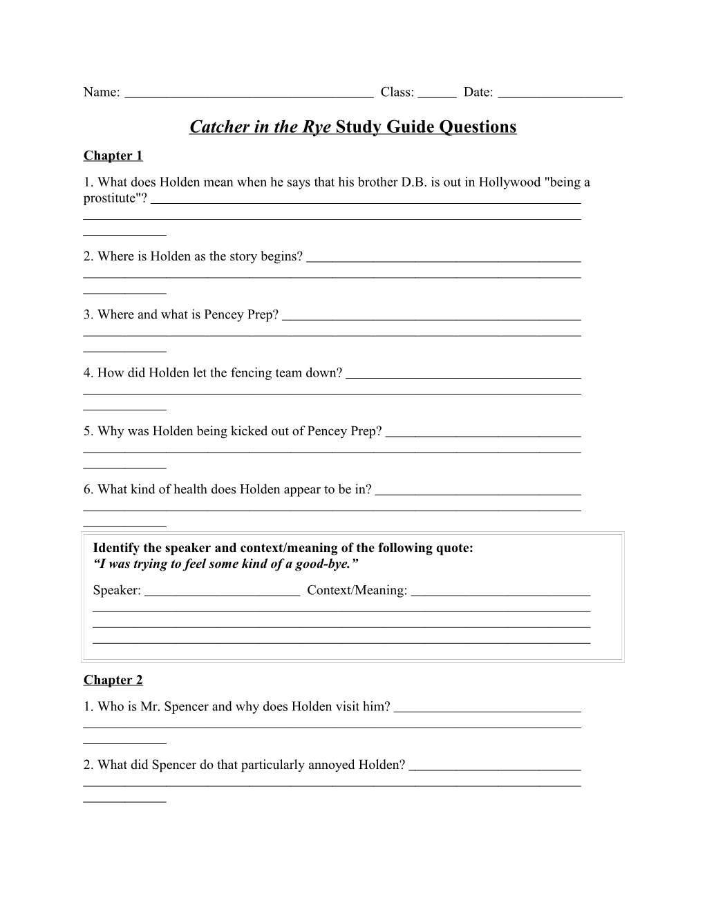 Catcher in the Rye Study Guide Questions