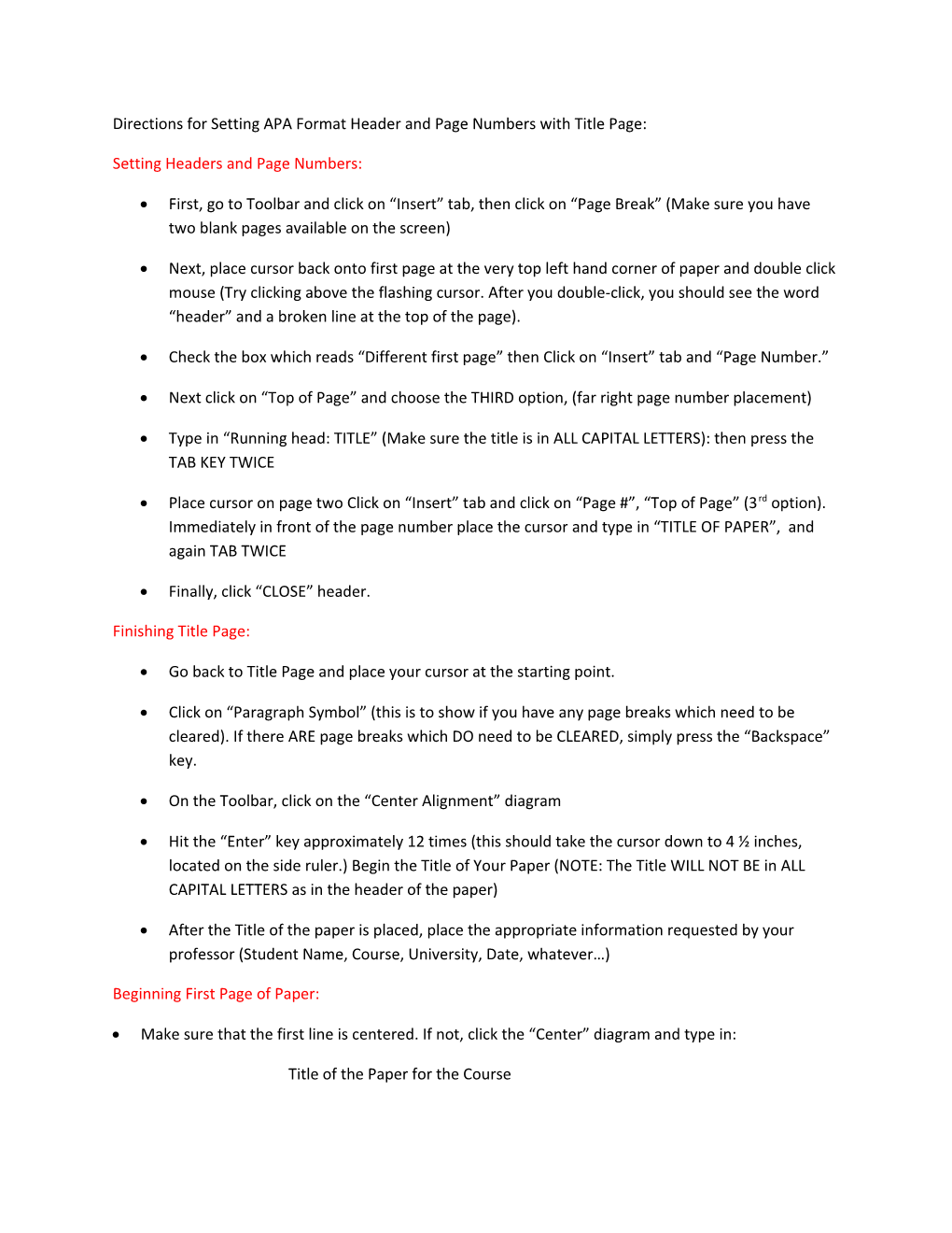 Directions for Setting APA Format Header and Page Numbers with Title Page