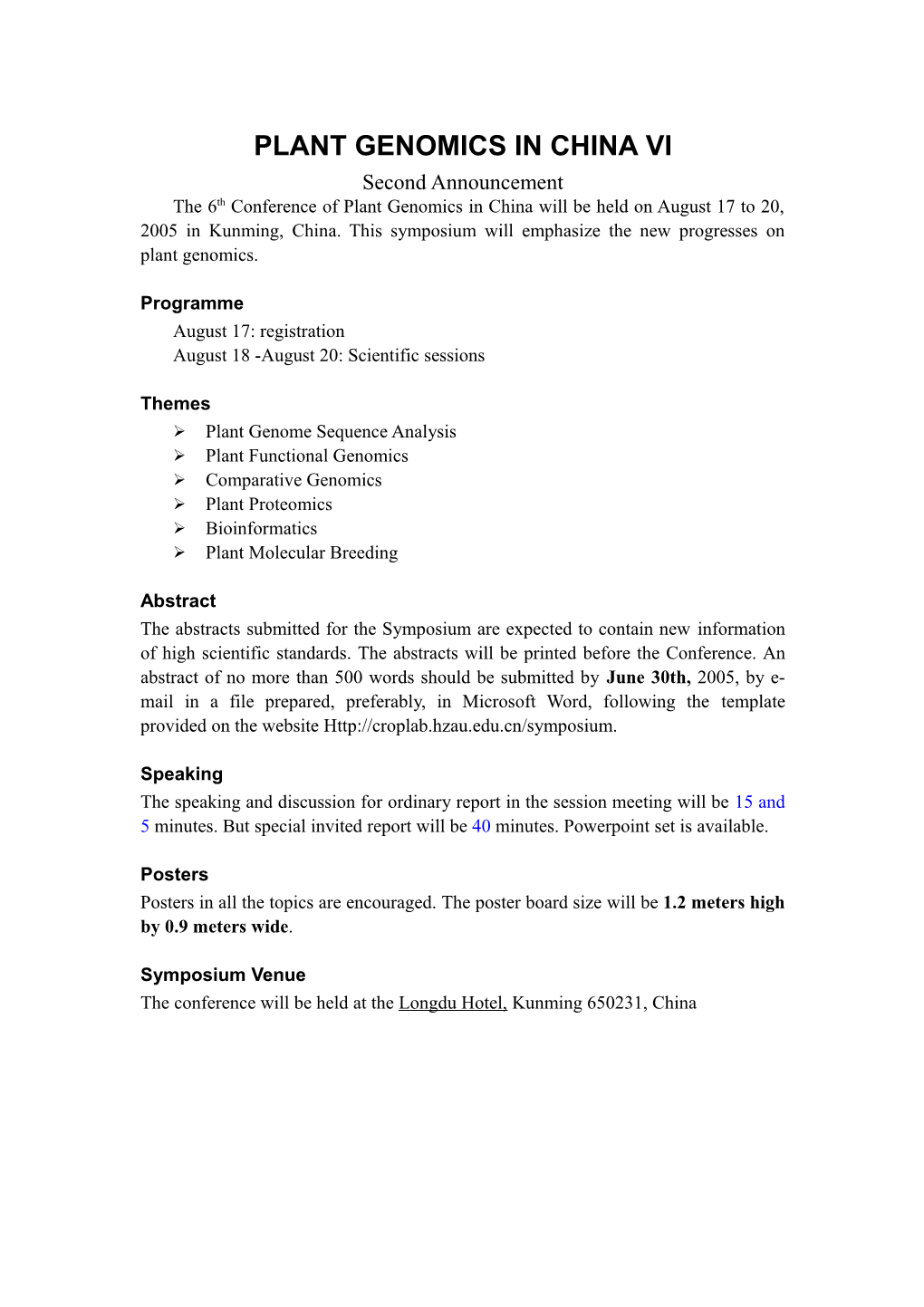 Plant Genomics in China Vi