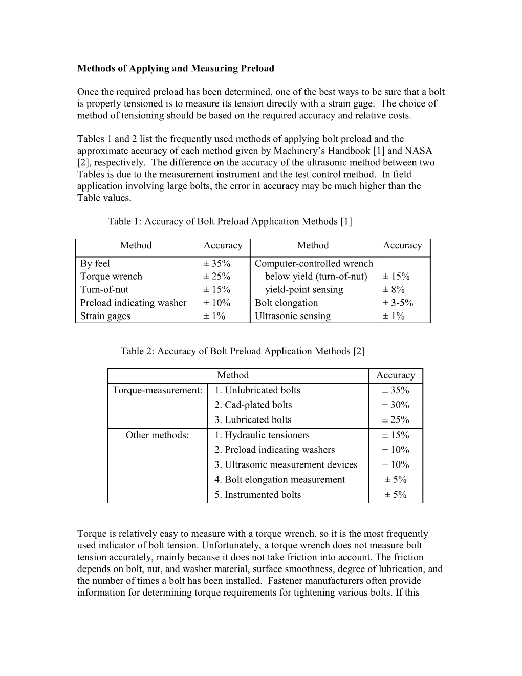 Methods of Applying and Measuring Preload