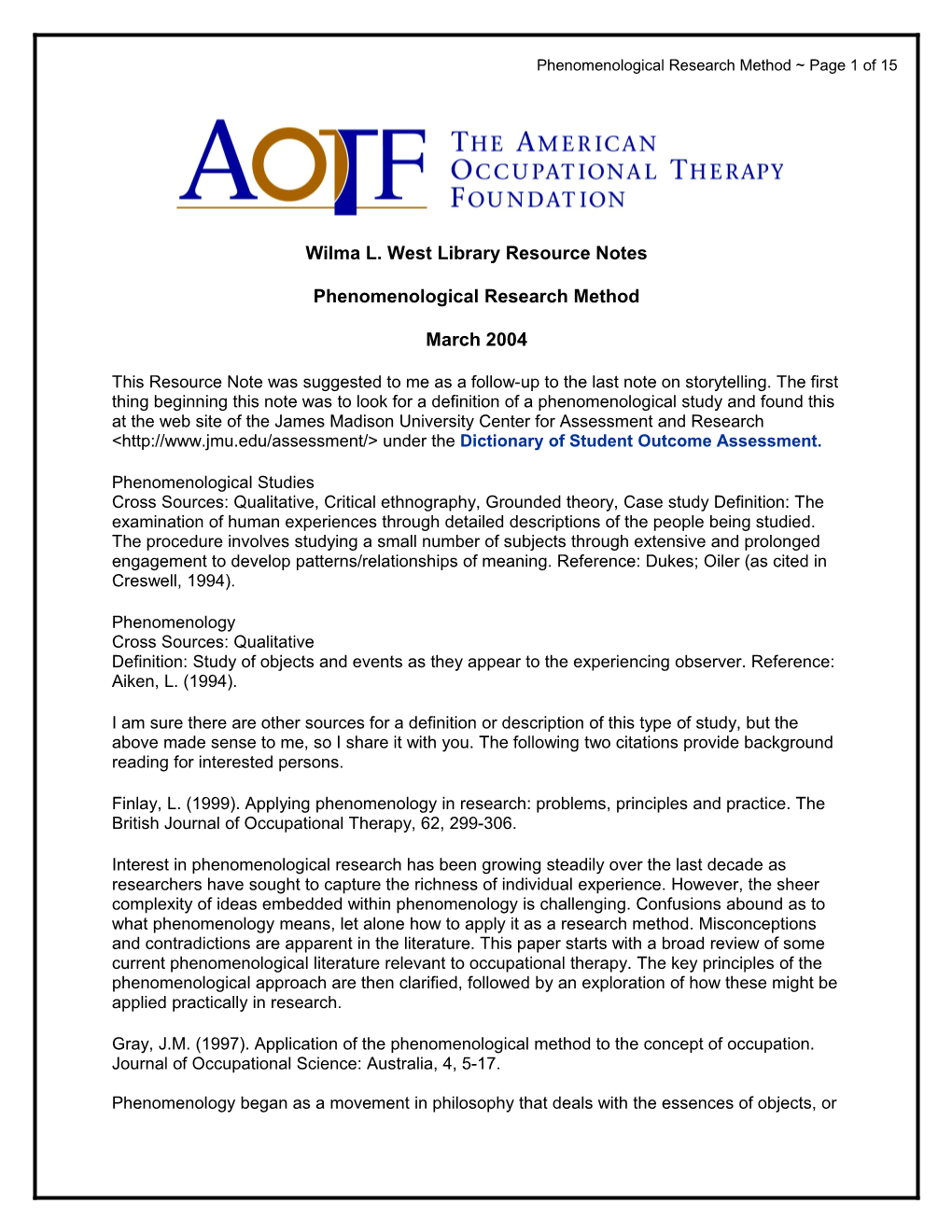 Phenomenological Research Method Page 1 of 15