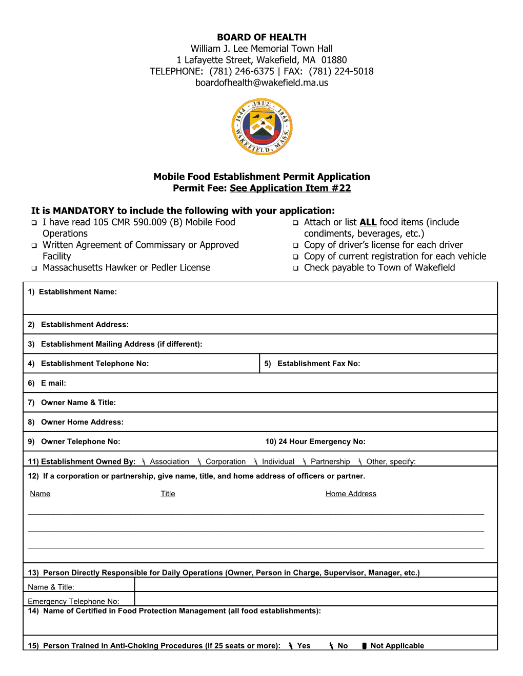 Food Establishment Permit Application